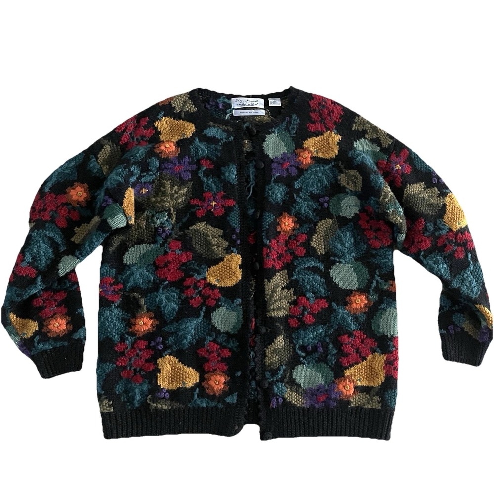 Vintage Novelty Cardigan Hand Knit Wool Fruit Pear Kitsch Cardigan Sweater Large